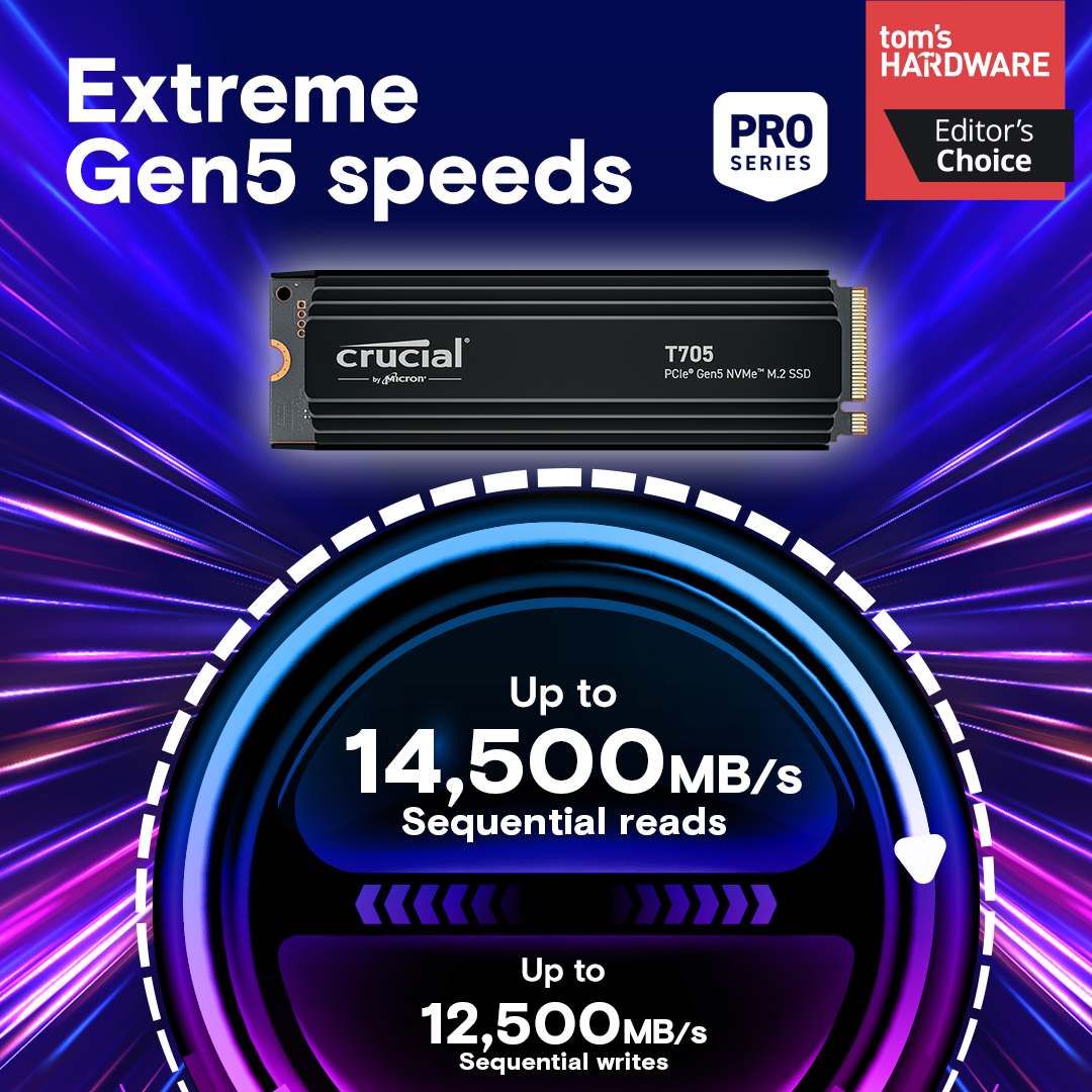 Crucial T705 2TB PCIe Gen5 NVMe M.2 SSD with heatsink
