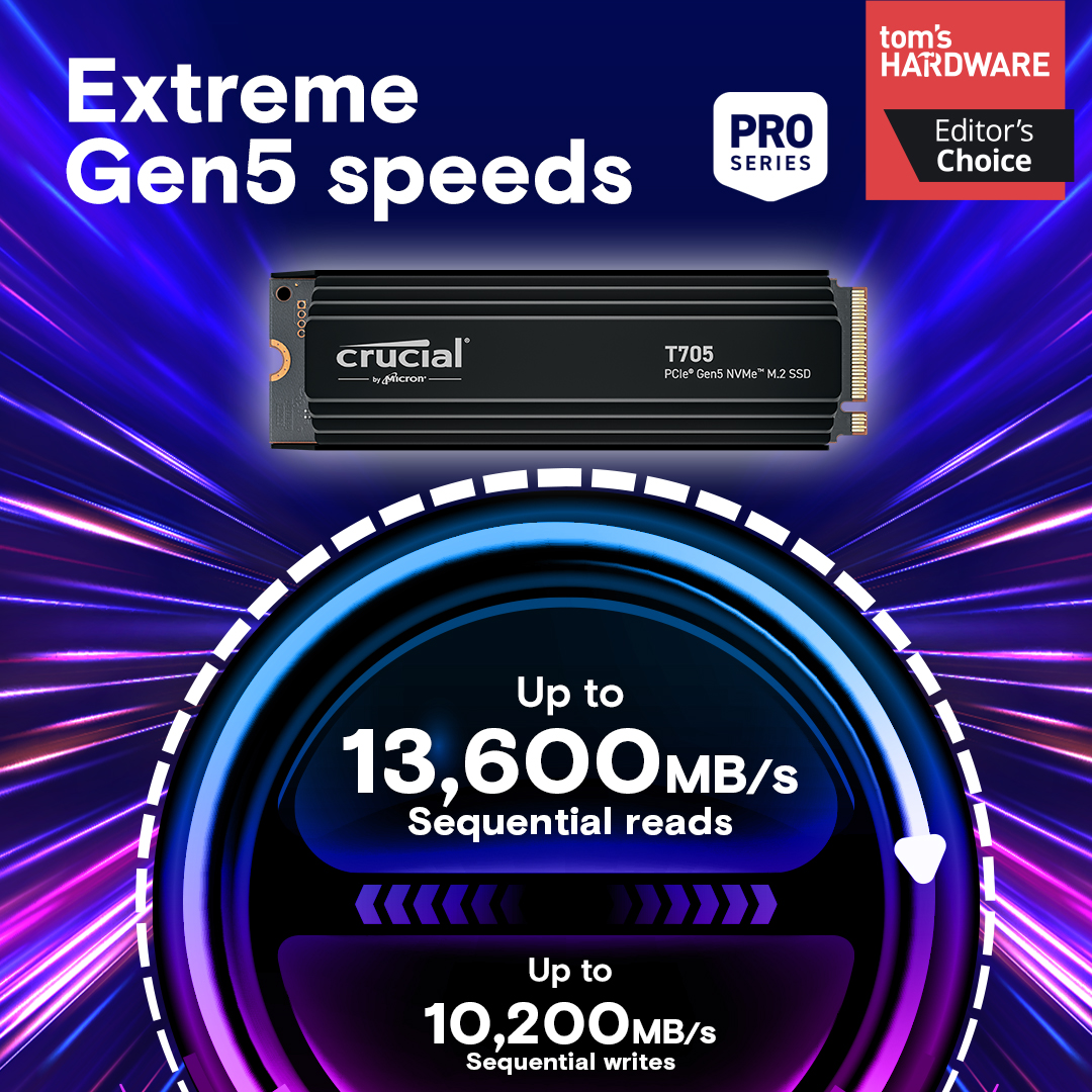 Crucial T705 1TB PCIe Gen5 NVMe M.2 SSD with heatsink