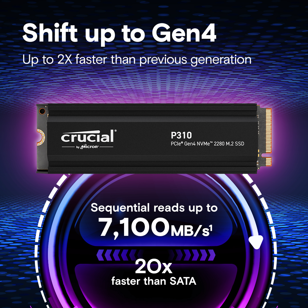 Crucial P310 2TB PCIe Gen4 NVMe 2280 M.2 SSD with heatsink